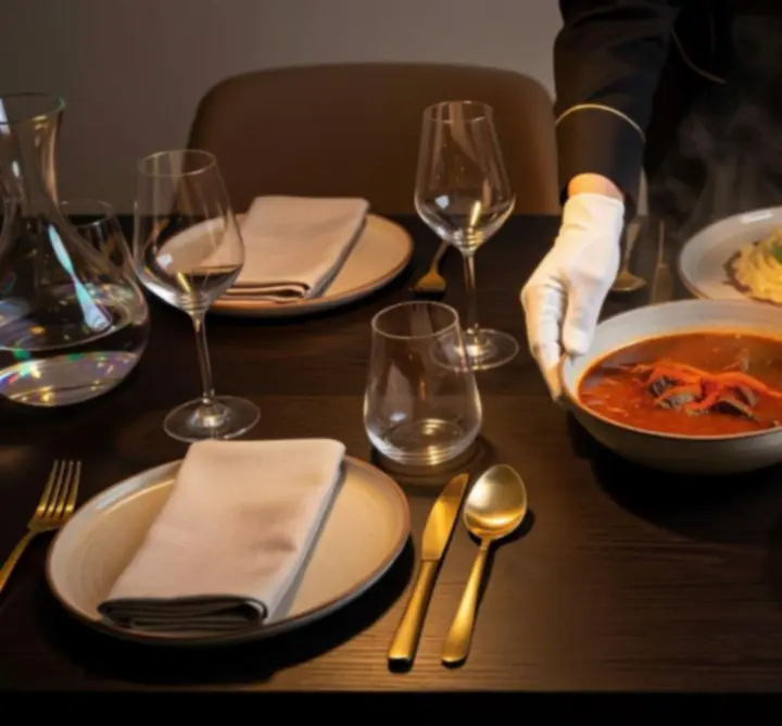 Fine dining tálalás mozgásban, elegáns asztali jelenet.