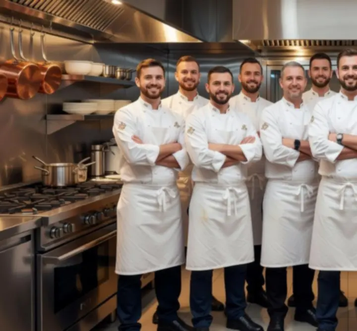 Séf és konyhai csapata a passz előtt, tálalás közben.