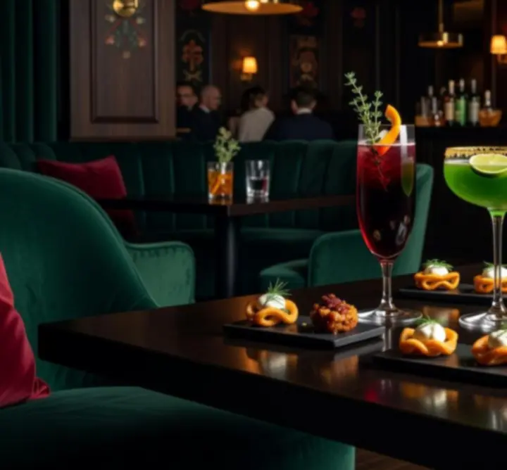 Signature koktélok és gourmet falatok szervírozva a lounge bárpultján