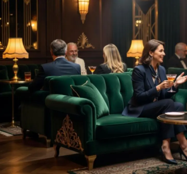 Lounge jelenet hangulatos fényekkel és elegáns társasági élettel